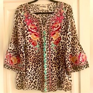 Savanna Jane Leopard Print Embroidery Blouse Tan Brown Pink Cream NEW with Tag